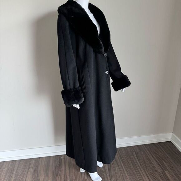 Vintage Women’s Black  Sheared Fur Trim Cashmere Wool Long Jacket Black - Picture 3 of 10